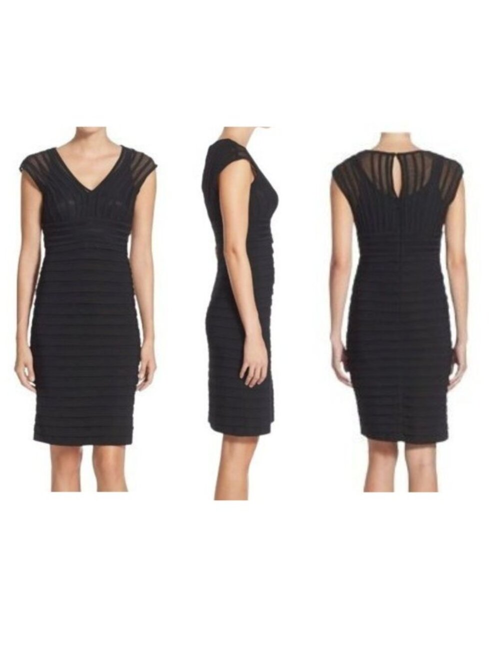 Adrianna Papell Black Shutter Pleat Sheath Dress - Mesh V-Neck - LNC